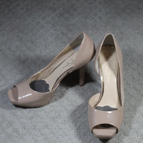 Jessica Simpson Size 9.5 Nude Patent Leather Peep Toe Heels - Picture 1 of 7
